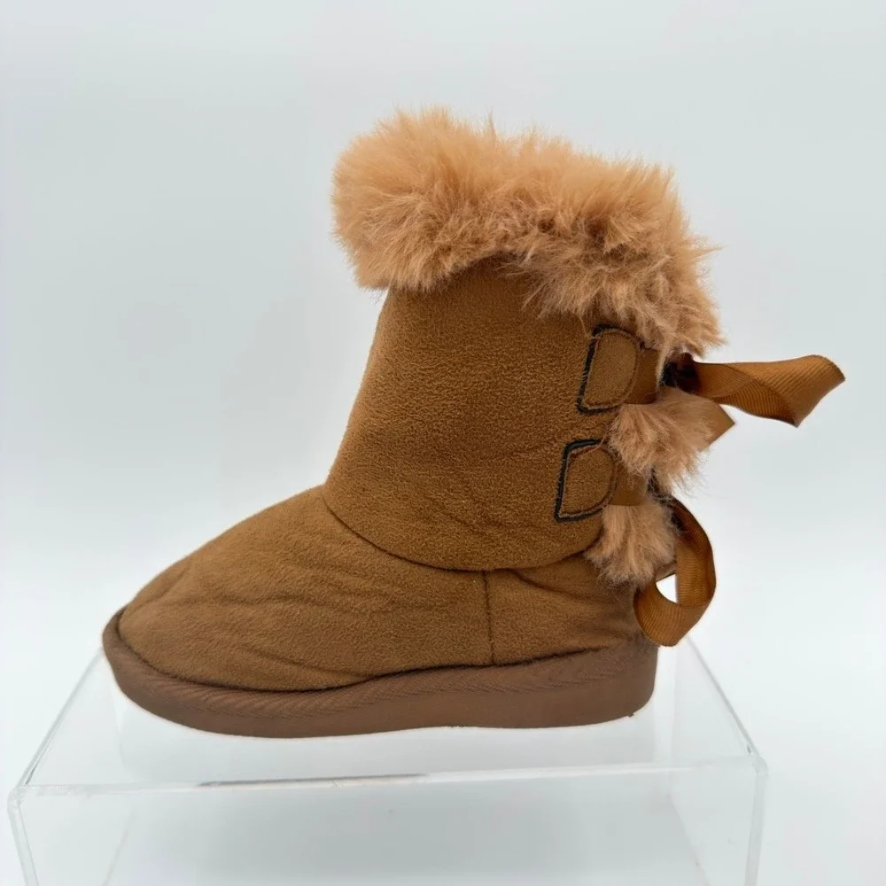 Faux Fur Winter Boots Size 8 Brown Suede Look Ribbon Tie Mid Calf